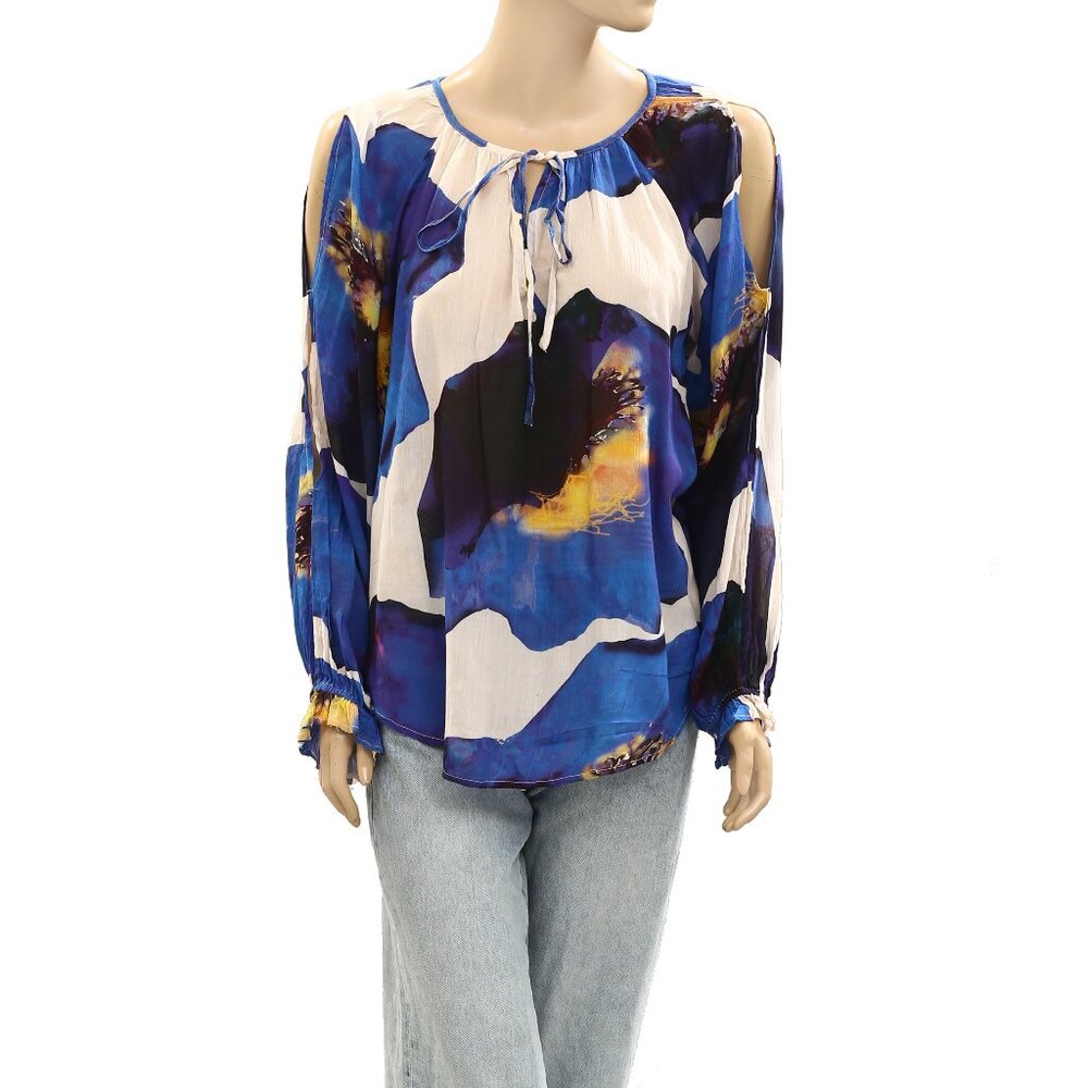 Frogbox Printed Blouse Top Ruffle Long Cutout Long Sleeve Blue M NEW 278275